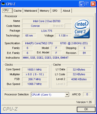 CPU-Z: Intel Core 2 Duo E6700